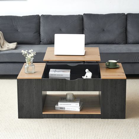 Table basse relevable avec rangement, meuble de salon avec plateau effet bois, structure grise, compartiments intégrés et étagère ouverte, noir et couleur naturel