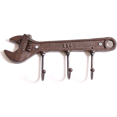 Vintage-Wandschlüsselhalter in Form eines englischen Schraubenschlüssels für Garage oder Werkstatt, Werkzeug- und Jackenhalter, Haken im Retro-Design.