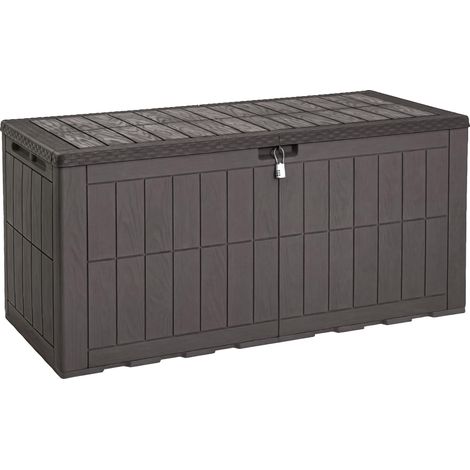450L Boîte de rangement d'extérieur étanche pour outils de jardin, coussins de terrasse et accessoires de piscine, verrouillable, assemblage facile, banc ou table polyvalente (marron foncé) (1/5)