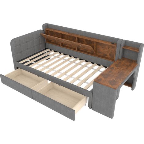 GagaGagaLit de jour 90x200 cm, lin, 2 tiroirs, bureau, USB C (1/5)