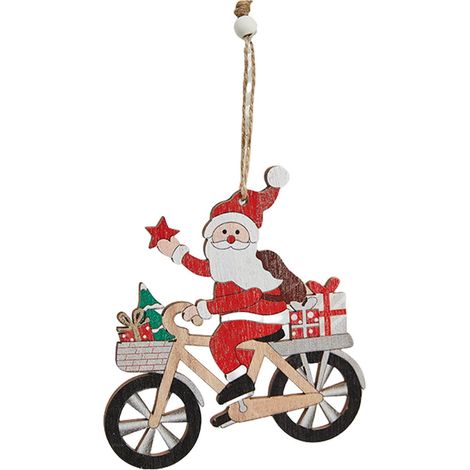 Ornement De Sapin De Noël - Santa Claus En Bois Sur Moto - Décor Festif Avec Corde De Suspension - 1 Pièce (1/5)