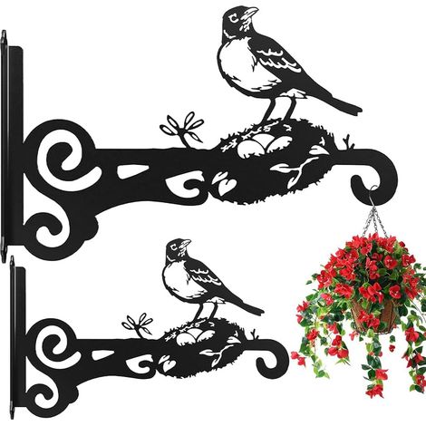 Wandmontierter Hängekorbhalter, 2 Pflanzenhaken, Wandhaken aus Eisen für Pflanzen, Blumentöpfe, Garten- und Balkondekoration (mit Erdspieß)
