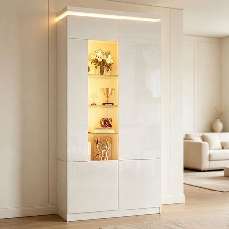 Vitrine à porte acrylique, vitrine laquée brillante, vitrine en verre avec éclairage LED, armoire haute, vitrine de collection pour salon, salle à manger, chambre, 4 portes battantes, blanche, 80 x 35 (1/5)