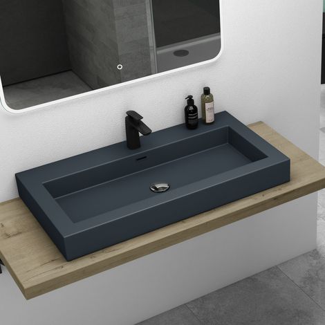 Mai & Mai Vasque à Poser Lavabo Suspendu Gris Noir Mat 90cm Lave Mains Rectangulaire avec Trop-Plein Col818 90x48x10cm (1/5)