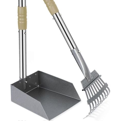 Ramasse-crottes pour chien, bac et râteau à déjections canines, pelle à déjections animales avec longs manches sectionnels réglables en acier inoxydable (1/5)