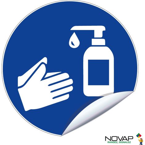 Panneau Obligation de se laver les mains avec du gel hydroalcoolique - adhésif Ø80mm - 4234458