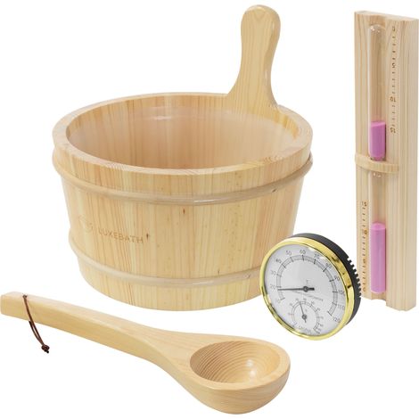 LuxeBath Kit Accessori Sauna in Legno di Pino Massiccio, Collezione Benessere 4 Pezzi, Secchiello per Infusione con Mestolo, Misuratore Termo Igrometrico e Clessidra 15 Minuti, Recipiente 4,5 L