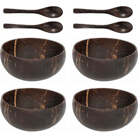 Lot de 4 bols en noix de coco naturelle pour riz, dessert et salade (1/5)