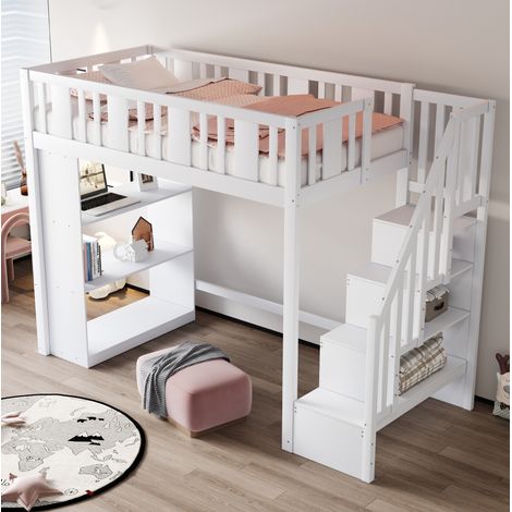 Bett Hochbett Stauraum 90x200 Holz Weiß Kinder OKMYHOME (1/5)
