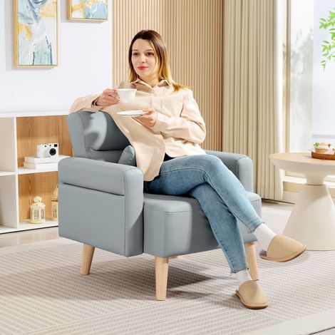 Sillón Tapizado en Cuero Sintético Respaldo con Costuras y Patas de Madera para Salón o Dormitorio 77x78x78 cm Gris (1/5)