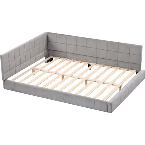 Cama tapizada 140 x 200 gris con somier de láminas en terciopelo (1/5)