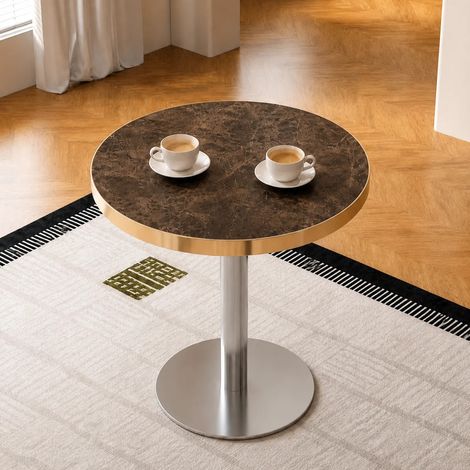 Table d'appoint ronde moderne avec cadre en acier inoxydable doré, plateau aspect marbre UV, table de salon luxueuse (1/5)
