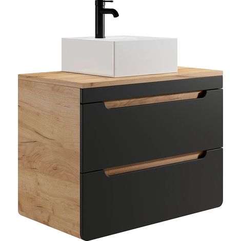 Vente-Unique – Meuble de salle de bain suspendu avec vasque à poser 80 cm – Naturel clair et gris anthracite – 2 tiroirs soft close – Éco-responsable (1/5)