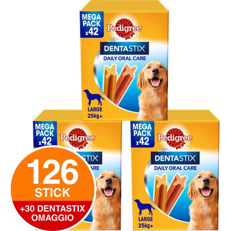 126 Pedigree Dentastix Large per l'Igiene Orale del Cane - 3 Confezioni da 42 Stick + 30 Dentastix Medium in OMAGGIO