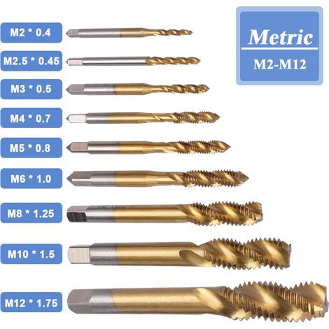 Mesee Kit de 9Pcs Tarauds à Vis Cannelés Spirale en HSS, Tarauds à Goujure Hélicoïdale Assortiment M2 M2.5 M3 M4 M5 M6 M8 M10 M12 Outil de Taraudage de Filetage en Acier Rapide Revêtement Titane (1/4)