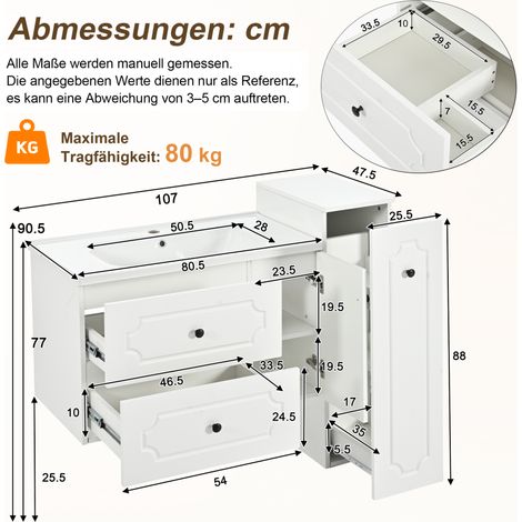 Meuble vasque mural 107x47,5x90,5 cm céramique, MDF blanc, rangement pour salle de bain – MEUBLIV (1/5)