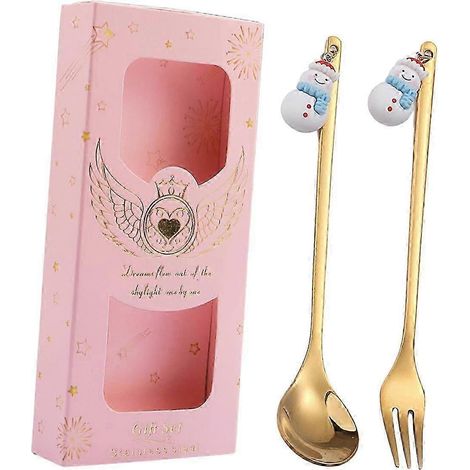 Cuillère et fourchette à dessert de Noël en acier inoxydable, idéales pour un goûter, un restaurant ou une glace.-Snowman