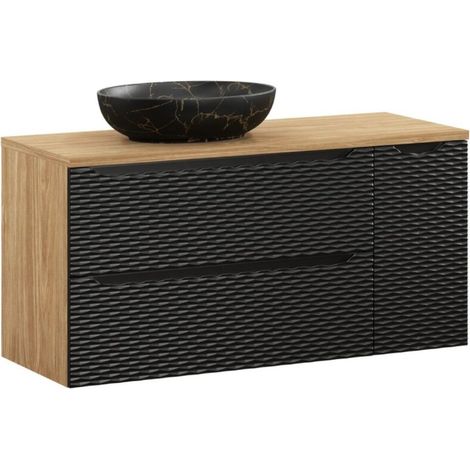 Ensemble de salle de bain YOKA noir : meubles sous vasque 120 cm + plan pour vasque + vasque à poser effet marblre noir et or