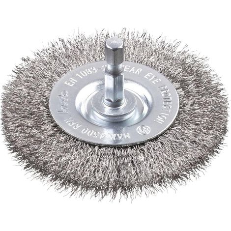 Brosse à disque, grossière, fil d'acier inoxydable, Ø 75 mm pour métal et pierre, brosse métallique pour perceuse, y compris tige hexagonale E6.3, pour dérouiller, décalaminer