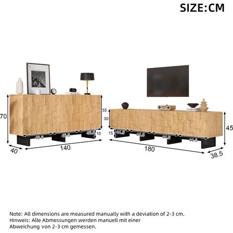 Ensemble meuble TV et buffet, buffet 140x40x70 cm et meuble TV 4 portes 180x38,5x45 cm, bois naturel et noir, pour TV 75 pouces (1/5)