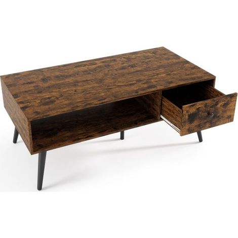 Table basse rectangulaire 109 cm style rustique marron, avec tiroir et étagère de rangement, plateau imperméable, pieds métalliques pour salon et bureau (1/5)