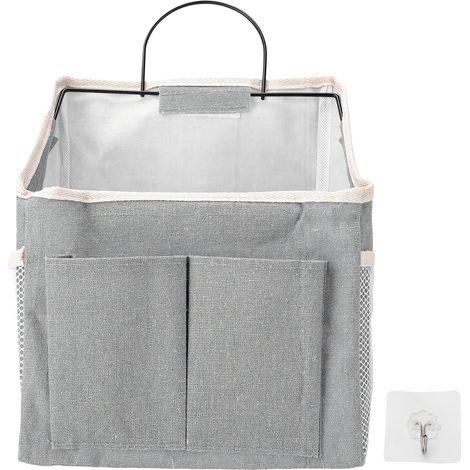 Panier mural à suspendre avec poche de rangement, cadre robuste, tissu de revêtement imperméabilisant et crochet adhésif pour chambre à coucher, salle de bain, bureau, dortoir, gris moyen (1/5)