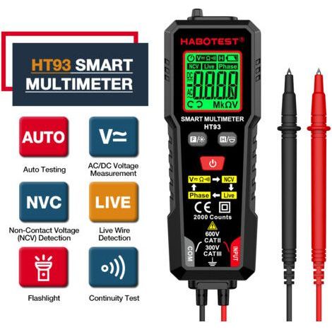 Multimetro digitale HT93, tester di tensione, voltmetro a 2000 conteggi, ohmmetro con selezione automatica della portata, misura con precisione la resistenza AC/DC con test NCV su filo sotto tensione (1/4)