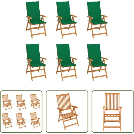 Teakholz -  Gartenstühle 6 Stk. mit Grünen Kissen Massivholz Teak (1/5)
