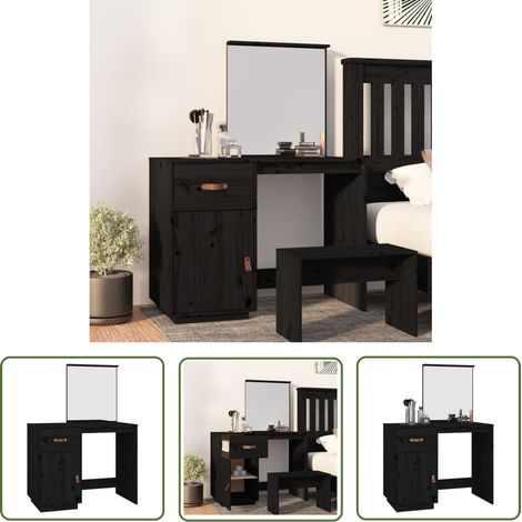 The Living Store Coiffeuse Noir 95x50x134 cm Bois de pin massif - Coiffeuse - Meuble De Salle De Bain - Table De Maquillage - Vanity - Armoire De Toilette (1/5)