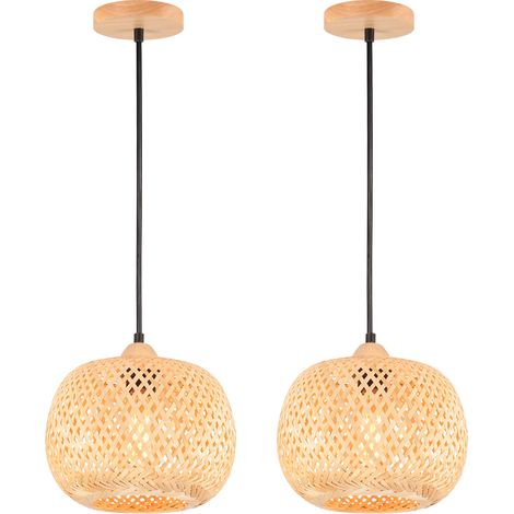 2X Φ25CM Suspension Luminaire Moderne Suspension En Bambou Tissage Abat-Jour En Bambou Lampe De Plafond Vintage Pour Restaurant, Salon, Cuisine, Café