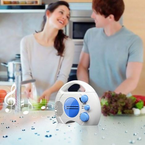 Radio de douche waterproof AM/FM avec volume ajustable et tuning facile, portable pour la salle de bain, couleur bleue, taille 150x57x115mm, ABS, 3 piles AA (1/5)