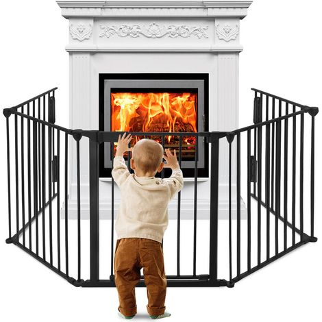 Treppenschutzgitter Kaminschutzgitter Baby Metall Kinderschutzgitter Absperrgitter Schutzgitter Faltbar Laufgitter mit Tür aus 5 element, Schwarz, HENGMEI