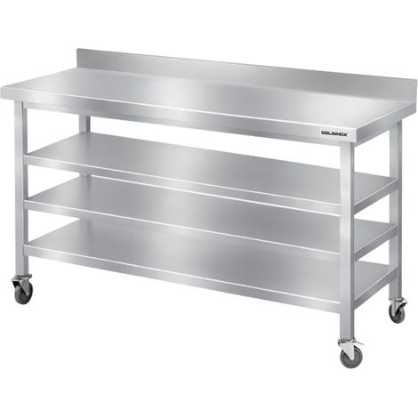 Table de travail en inox Bar 1400x700 mm avec 3 étagères inférieures et dosseret sur roulettes PREMIUM - GOLDINOX (1/4)