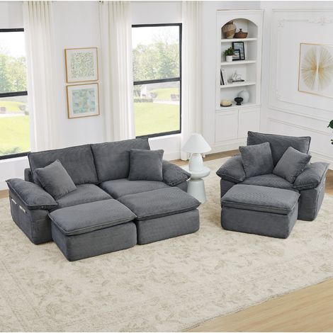 Canapé 2 places en tissu gris clair, sans montage, modulable avec repose-pieds mobile (1/5)