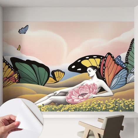 Papier peint autocollant décoratif à motifs pour salon chambre et bureau Tapete adhésif pour décoration Prairie aux papillons 152x104 cm (1/5)