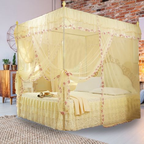 Luxuriöses Prinzessinnen-Bett mit 3 seitlichen Öffnungen, Himmelbettvorhang, Moskitonetz (Gelb, Größe S) (1/5)