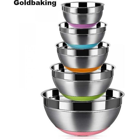 5 Bols de mélange, Acier inoxydable, Fond silicone antidérapant, Graduations, Pour cuisine et pâtisserie (1/5)