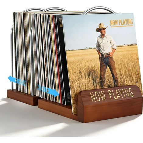 Porte-disques vinyle extensible pour 30 à 70 disques, en bois et métal. Élégant et pratique, il est idéal pour la maison, les salles de musique et les collectionneurs.