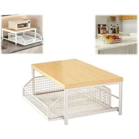 Étagère Micro-Ondes Cuisine Rangement, Support Micro Onde avec Tiroir Coulissant et Panier, pour Comptoir de Cuisine, Coin Café Petits Espaces, Design Compact Gain Place, Bois Métal (Blanc) Blanc -