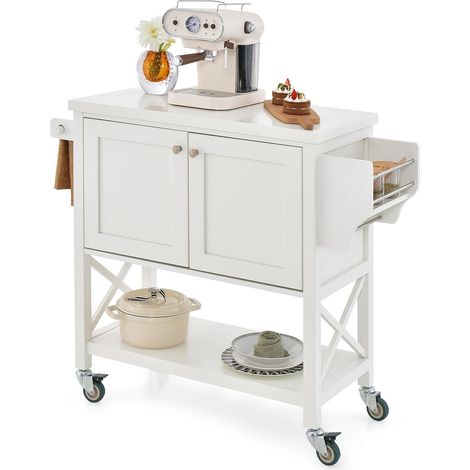COSTWAY Küchenwagen auf Rollen, Servierwagen mit Schrank & Ablage, Rollwagen mit Handtuchhalter & Gewürzregal, Kücheninselwagen Landhausstil, Küchenschrank Holz, für Küche & Bar, 100x38x87cm, Weiß