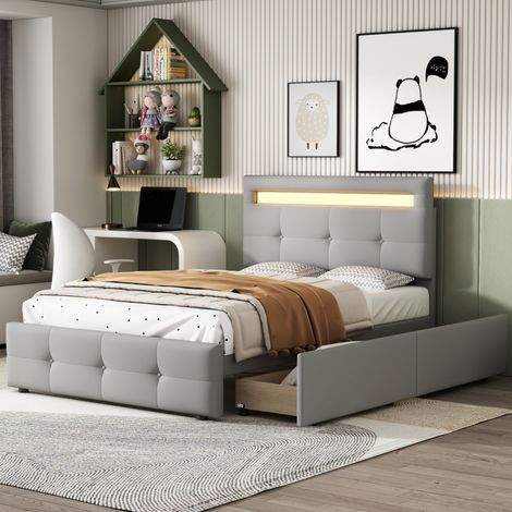 Bett klassisch 90x200 cm grau, gepolstert, mit verstellbarem Kopfteil, LED, 2 Schubladen und Lattenrost (1/5)
