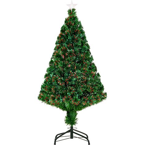 Sapin de Noël artificiel illuminé, câble à fibres optiques multicolores de 120 cm + pieds de support, 130 branches, cime en forme d'étoile vert vif (1/5)