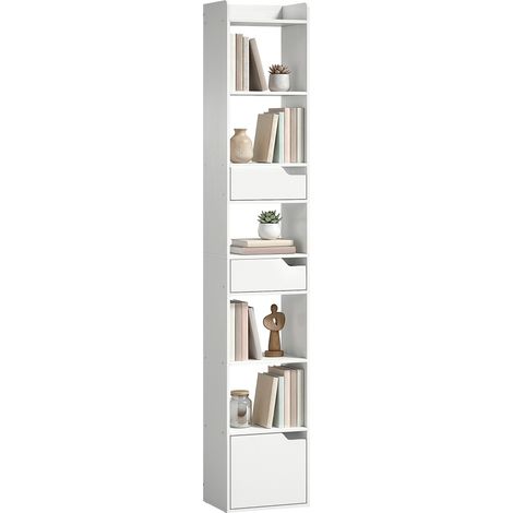 Libreria/mobile contenitore stretto, 32x24x181,5 cm con anta, 2 cassetti e vani a giorno, bianco.