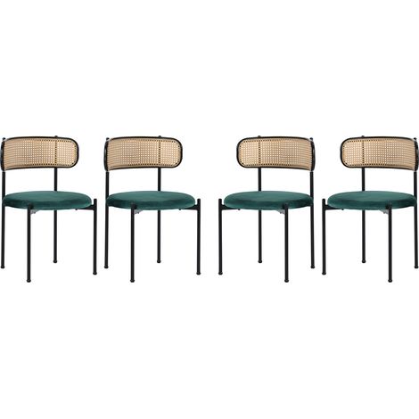 Lot de 4 chaises de salle à manger en velours vert avec dossier en rotin et pieds en métal (1/5)