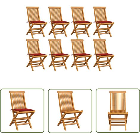 Chaises de jardin et coussins rouge lot de 8 Bois teck massif vidaXL (1/5)