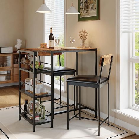 Ensemble Table de Bar 3 Pièces, Table Haute avec 2 Tabourets Rembourrés, Étagères de Rangement, Structure Métal et Bois