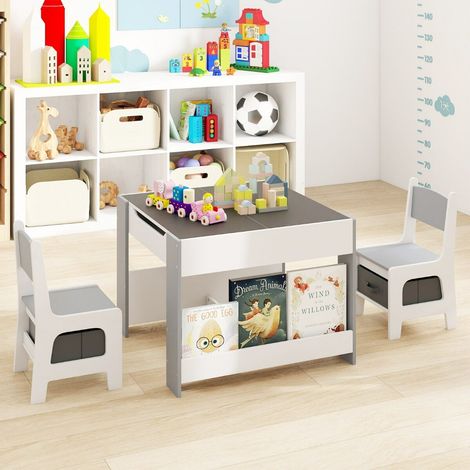 4-in-1 Children's Table and Chair Set, Toddler Activity Table with Reversible Double-Sided Tabletops & Side Bookshelves, Grey (1/3)