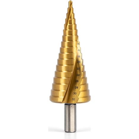 Wiltec HSS Stufenbohrer titanbeschichtet, 4-32 mm, Schaft Ø 10 mm, Kegelbohrer mit Titanbeschichtung, Schälbohrer für Edelstahl, Konusbohrer Senkbohrer
