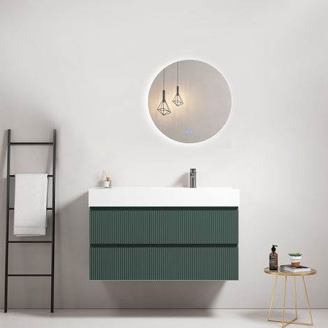 Mobile bagno sospeso cannettato 100 cm Verde Comodoro Lavabo a Destra in Resina Specchio Tondo Retroilluminato - Fiji Paint