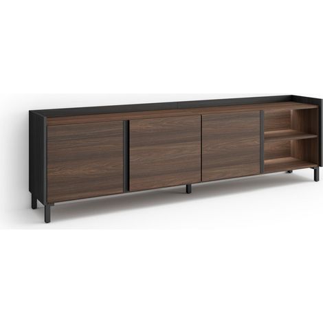 Skraut Home - Meuble TV, Banc Télé, Grand espace de Rangement, 207x35x61cm, Pour les TV jusqu'à 80", Design industriel, LED, Style moderne, Chêne foncé et Noir (1/5)